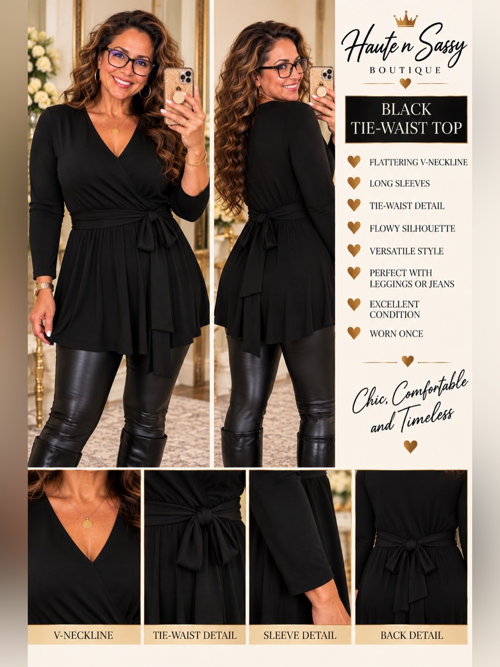 Black Long Sleeve Tie-Waist Top | V-Neck Flowy Tunic